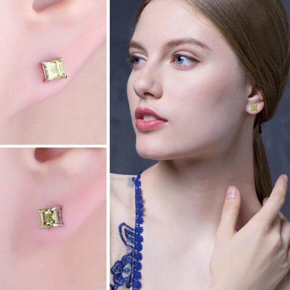 Jewelry - Jewelry earrings stud square princess green peridot 4mm 925 sterling silver